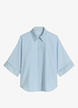 Marc O'Polo Dames Blouse van denim met korte mouwen in de kleur Light Blue Multi 02 / Blauw