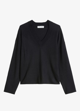 Marc O'Polo Dames Fijngebreide pullover in scheelwolblend met V-hals in de kleur Black / Zwart