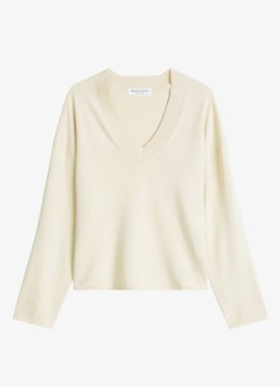 Marc O'Polo Dames Fijngebreide pullover in scheelwolblend met V-hals in de kleur Smokey Sands / Crème