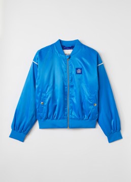 Mini Rodini Jongens Travel Agency baseball jack van satijn met backprint in de kleur Blauw, maat: 128/134