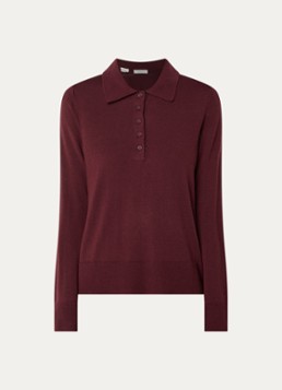 Selected Dames Fijngebreide polo van merino wol in de kleur Bordeauxrood, maat: XS