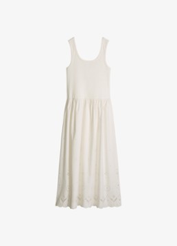 Marc O'Polo Denim Dames Midi jurk met plooien en broderie in de kleur Silky White-1183 / Wit