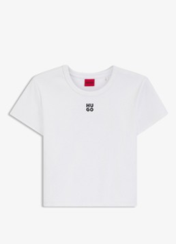 HUGO Dames Slim-fit T-shirt van een katoenmix met logostiksel in de kleur Wit