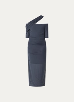 Copenhagen Muse Dames Semi-transparante maxi jurk van mesh met asymmetrische kraag in de kleur Blauw, maat: S