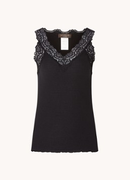 Rosemunde Dames Tanktop met kant en structuur in de kleur Zwart