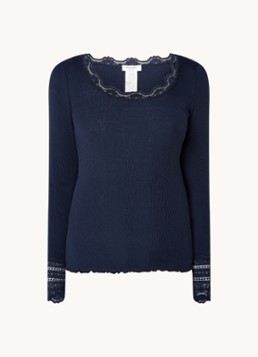 Rosemunde Dames Longsleeve in zijdeblend met structuur en details van kant in de kleur Donkerblauw