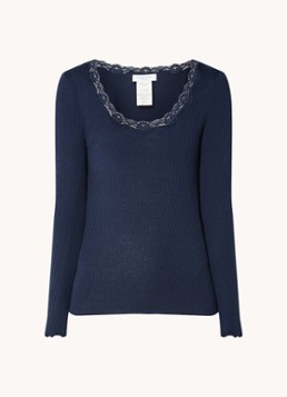 Rosemunde Dames Babette longsleeve in zijdeblend met details van kant in de kleur Donkerblauw