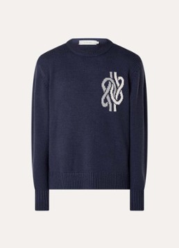 Filling Pieces Heren Knot fijngebreide trui in wolblend met ingebreide print in de kleur Donkerblauw, maat: S
