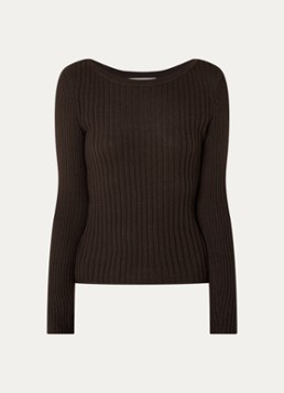 Ba&sh Dames Palma ribgebreide pullover in wolblend met boothals in de kleur Chocoladebruin