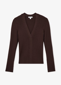 Reiss Dames Lauri ribgebreide top met V-hals in de kleur Donkerbruin
