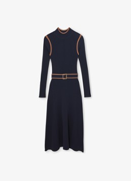 Reiss Dames Ella ribgebreide midi jurk met ceintuur in de kleur Donkerblauw