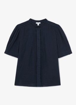 Reiss Dames AURELIA Cotton Cheesecloth Frill-Neck Top in de kleur Donkerblauw