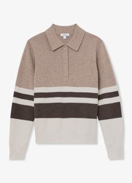 Reiss Dames Bronte fijngebreide polo in kasjmierblend met streepprint in de kleur Beige