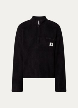 Carhartt WIP Dames Detroit ribgebreide trui in wolblend met halve rits in de kleur Zwart, maat: L