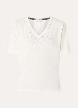 Liu Jo Dames T-shirt met logo en strass in de kleur Gebroken wit