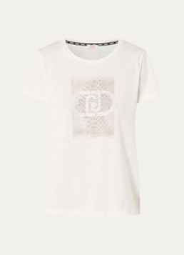 Liu Jo Dames T-shirt met logoprint en strass in de kleur Gebroken wit