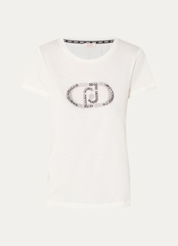 Liu Jo Dames T-shirt met logoprint en strass in de kleur Gebroken wit