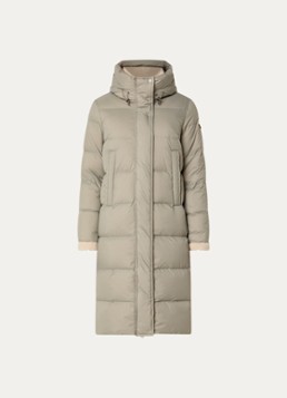 Moscow Dames Xenia longline puffer jas met donsvulling en capuchon in de kleur Lindegroen