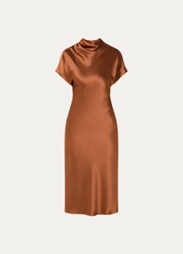 Malina Dames Allivia midi jurk van satijn met opstaande kraag in de kleur Roestbruin