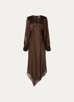Malina Dames Seema midi jurk van satijn met asymmetrische zoom en details van kant in de kleur Bruin
