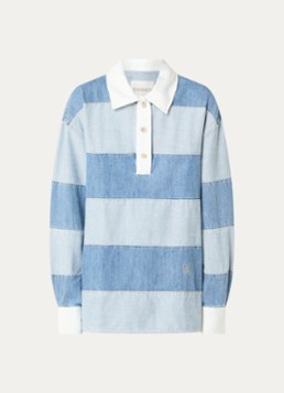 CLOSED Dames Top van denim met polokraag en streepprint in de kleur Lichtblauw