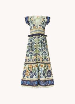Farm Rio Dames Ocean midi jurk met bloemenprint en smockwerk in de kleur Lindegroen