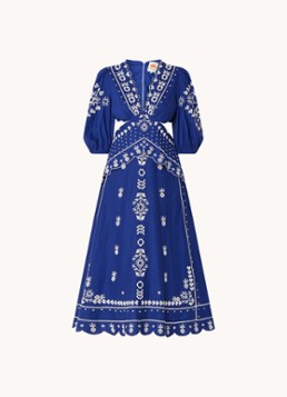 Farm Rio Dames Midi jurk met cut-out detail en bloemborduring in de kleur Royalblauw
