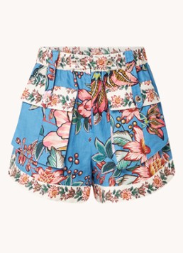 Farm Rio Dames High waist wide fit korte broek van linnen met bloemenprint in de kleur Staalblauw