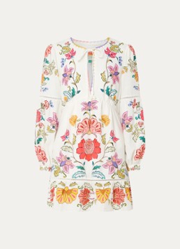 Farm Rio Dames Mini tuniekjurk in linnenblend met bloemenprint en ballonmouw in de kleur Creme