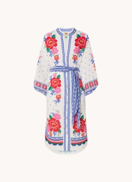 Farm Rio Dames Midi blousejurk in linnenblend met bloemenprint in de kleur Gebroken wit