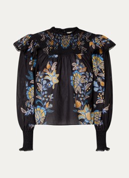 Farm Rio Dames Semi-transparante tuniek met bloemenprint en smockwerk in de kleur Zwart