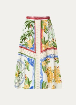 Farm Rio Dames Midi rok in linnenblend met print en opengewerkt detail in de kleur Groen