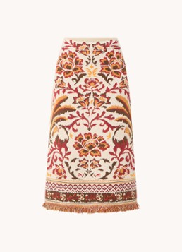 Farm Rio Dames Toucans fijngebreide midi rok met bloemenprint en franjes in de kleur Gebroken wit
