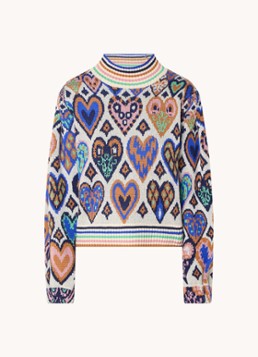 Farm Rio Dames Hearts fijngebreide trui in merino wolblend met ingebreid patroon in de kleur Creme