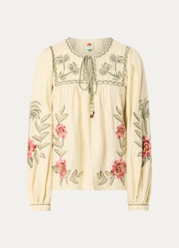 Farm Rio Dames Tropical Flower tuniek in linnenblend met bloemborduring in de kleur Beige