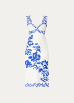 Farm Rio Dames Midi jurk van linnen met bloemenprint in de kleur Gebroken wit