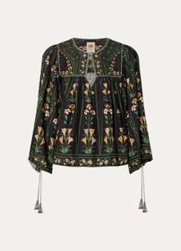Farm Rio Dames Tuniek in linnenblend met bloemenprint en ballonmouw in de kleur Zwart