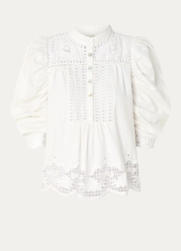 Farm Rio Dames Romantic Richellieu blouse in linnenblend met broderie en pofmouw in de kleur Gebroken wit