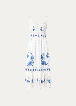Farm Rio Dames Midi jurk in linnenblend met bloemenborduring in de kleur Gebroken wit