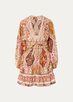 Farm Rio Dames Mini jurk met bloemenprint en strikceintuur in de kleur Donkerbeige