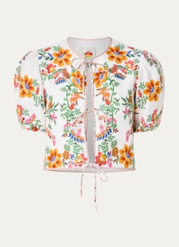 Farm Rio Dames Delicate Forest cropped blouse van linnen met bloemenprint in de kleur Gebroken wit