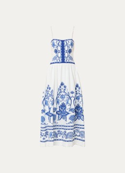 Farm Rio Dames Shell Garden midi jurk in linnenblend met kralendecoratie in de kleur Gebroken wit