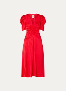 Farm Rio Dames Midi jurk van satijn met plooidetail en pofmouw in de kleur Rood