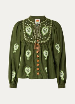 Farm Rio Dames Blouse in linnenblend met borduring in de kleur Legergroen