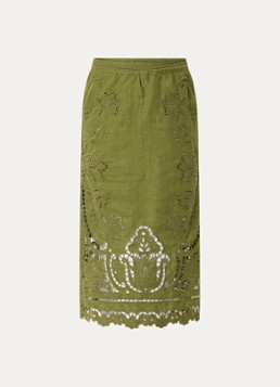 Farm Rio Dames Midi rok van linnen met broderie in de kleur Mosgroen