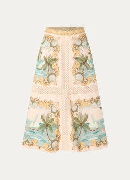 Farm Rio Dames Royal Sea midi rok in linnenblend met print in de kleur Creme
