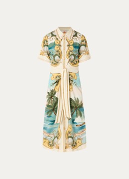 Farm Rio Dames Midi jurk in linnenblend met strikceintuur en print in de kleur Gebroken wit