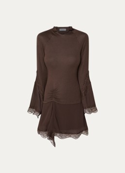 Laagam Dames Siss mini jurk in wolblend met details van kant in de kleur Donkerbruin, maat: M