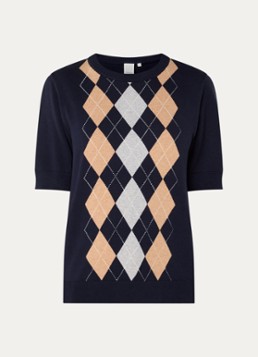Josephine & Co Dames Chandler fijngebreide T-shirt in wolblend met ruit dessin in de kleur Donkerblauw