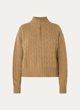 Josephine & Co Dames Claude kabelgebreide trui met halve rits en col in de kleur Camel